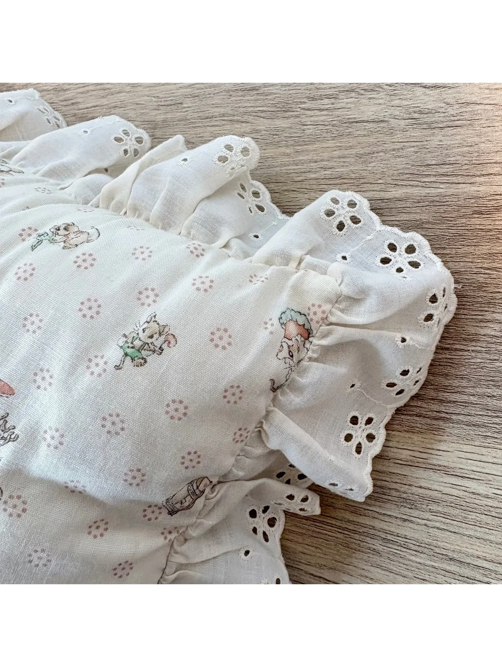 Vintage Nursery Pillow Mice Rocking Horse Eyelet Lace Ruffle Cottagecore Gift